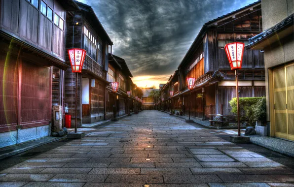 Sunset, the city, street, HDR, home, Japan, lights