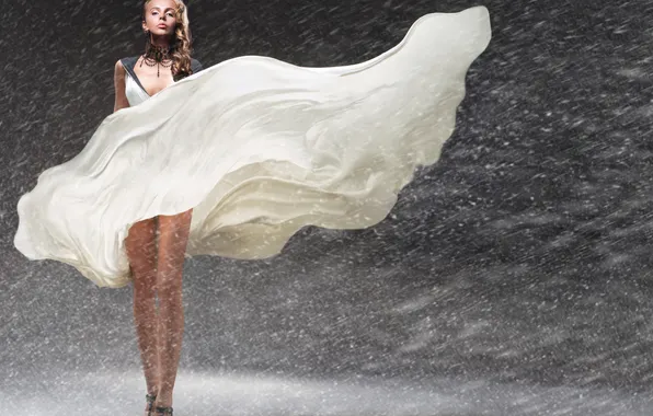 Picture look, snow, the wind, dress, blonde, leggy