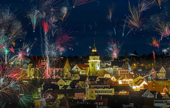 Lights, holiday, tower, salute, Germany, New Year, Christmas, fireworks