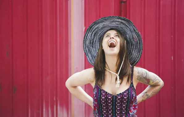 Picture girl, joy, face, background, hair, hat, mouth, dress