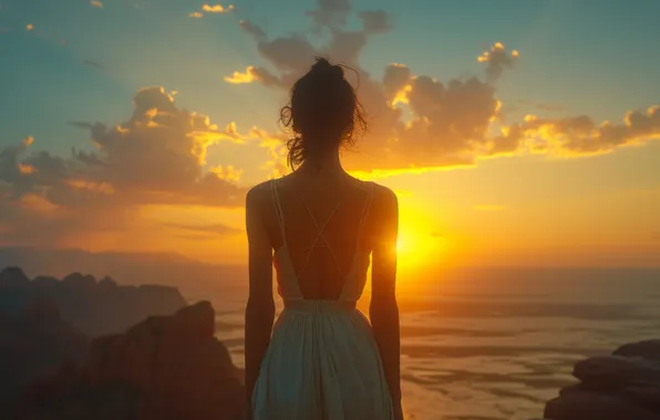 The sun, Clouds, Sea, Girl, Dawn, Digital art, Back, AI art