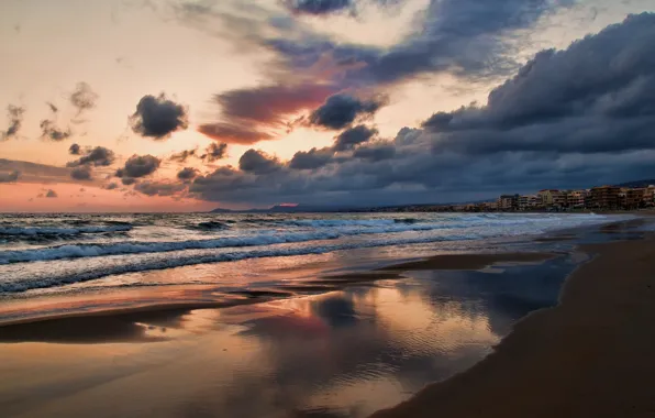 Sand, sea, the sky, clouds, sunset, clouds, shore, island
