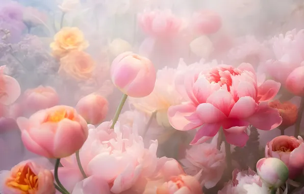Flowers, stems, roses, blur, spring, garden, haze, gentle
