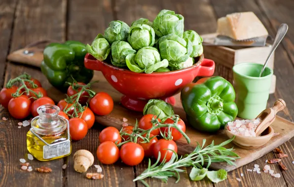 Picture green, oil, cheese, dishes, pepper, vegetables, tomatoes, cabbage