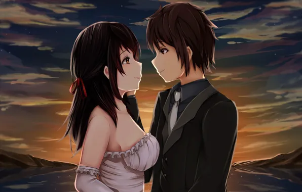 Sunset, romance, anime, art, two, Art, wedding, Kimi no VA On