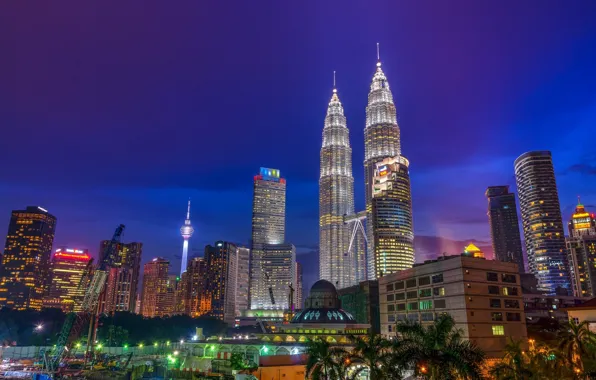 The city, lights, building, crane, tower, Malaysia, Kuala Lumpur