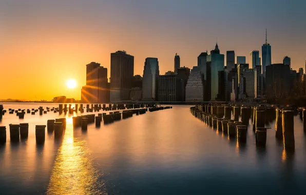 Sunset, building, New York, Manhattan, skyscrapers, Manhattan, New York City, East River