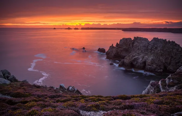 Sea, sunset, rocks, coast, France, France, Brittany, Brittany