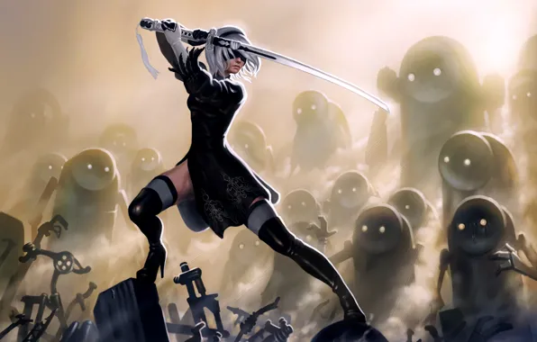 Girl, robot, sword, dress, YoRHa No.2 Type B, nier automata