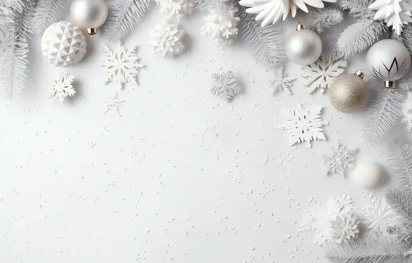 Balls, branches, silver, Christmas, white background, New year, needles, light background