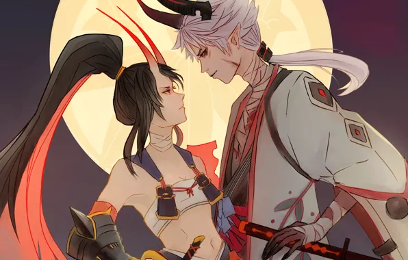 The moon, swords, two, demons, Onmyouji, Onmyoji, Onmyouji (NetEase), Onikiri