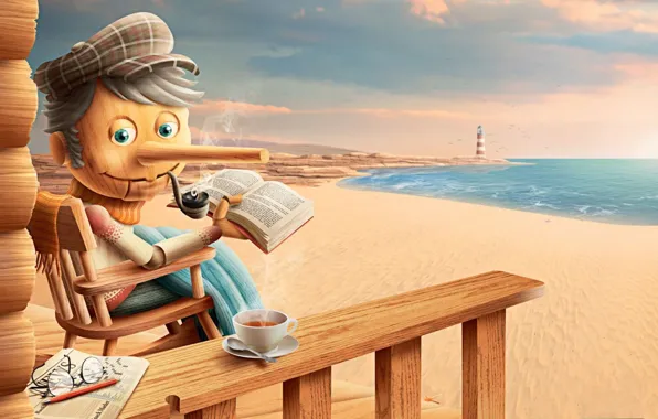 Picture sea, happiness, stay, tea, shore, lighthouse, scarf, Pinocchio