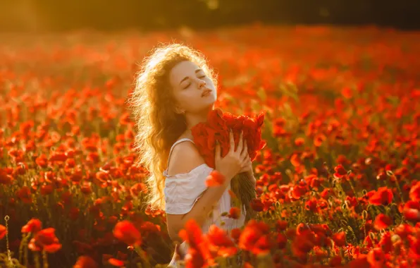 Field, girl, flowers, mood, Maki, bouquet, red, redhead