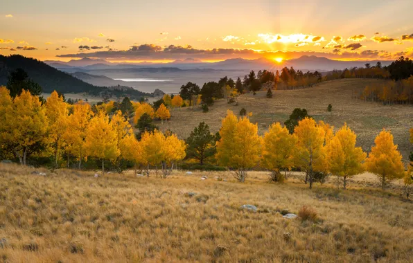Picture the sun, clouds, trees, sunset, mountains, lake, horizon, orange sky
