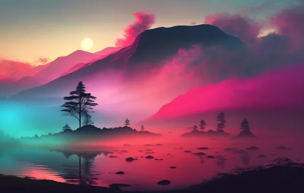 Landscape, mountains, fog, lake, sunrise, morning, landscape, mountains