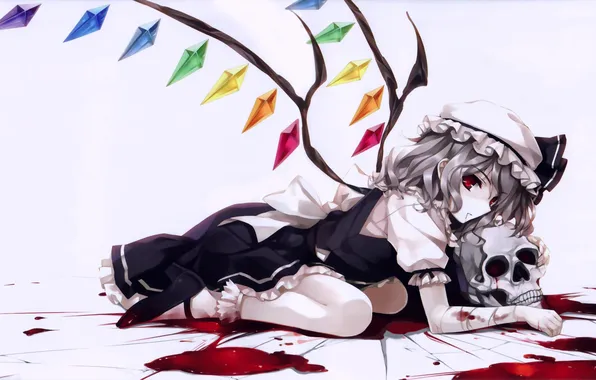 Picture girl, blood, skull, wings, anime, art, crystals, cap