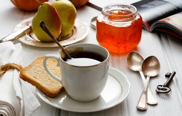 Tea, Breakfast, key, Cup, book, fruit, pear, napkin