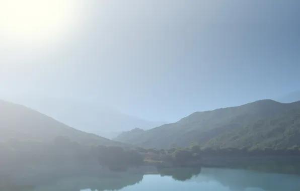 The sky, water, the sun, landscape, mountains, photo, ease, tenderness