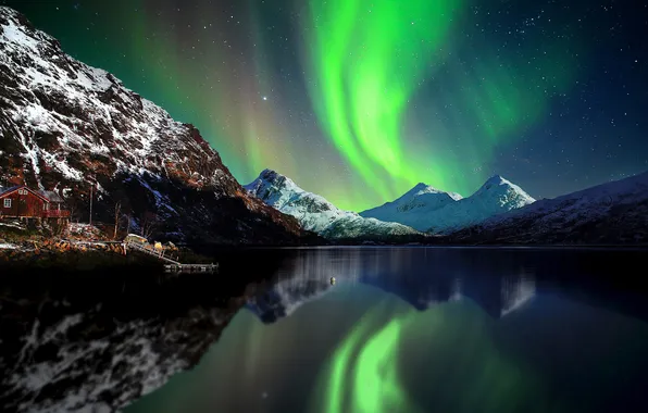 The sky, stars, snow, mountains, night, Northern lights, Norway