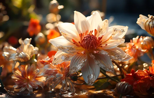 Petals, water drops, blurred background, white flower