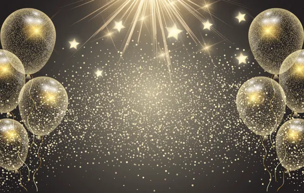 Stars, rays, light, lights, holiday, balls, Shine, gold plated