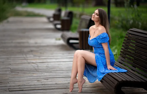 Picture girl, bench, photo, model, hair, dress, legs