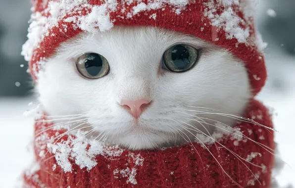 Winter, cat, white, cat, look, snow, red, hat