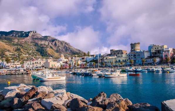 Sea, the sky, the sun, clouds, mountains, stones, rocks, coast