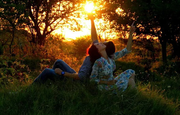 Forest, the sun, mood, glade, woman, male