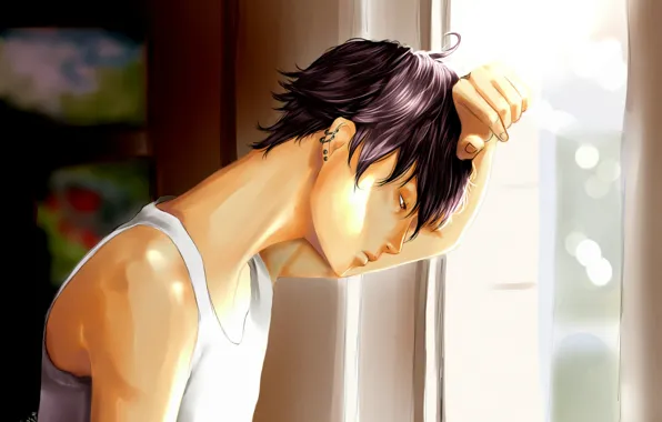 Piercing, guy, sad, window, white t-shirt