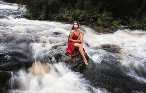 Girl, river, nature, water, model, brunette, red dress, Robert Zazin