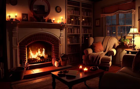 Lights, relax, fire, rain, night, home, sofa, candles