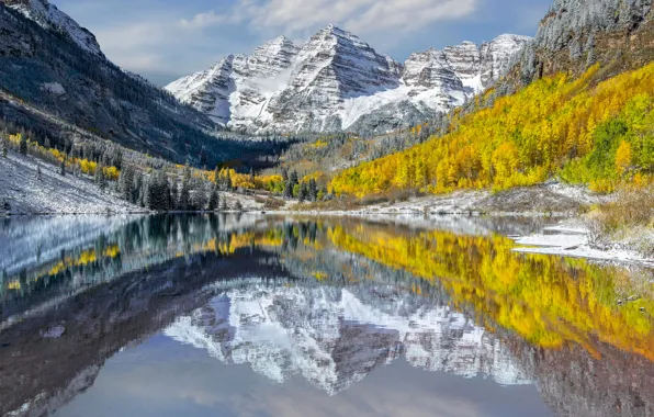 Autumn, water, reflection, mountains, lake, Colorado, USA, peaks