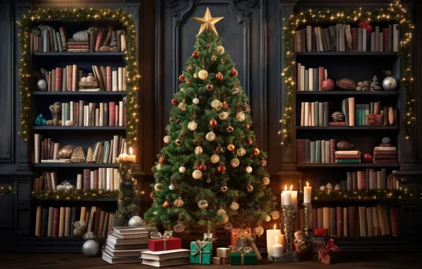 Picture decoration, room, balls, books, tree, interior, New Year, Christmas