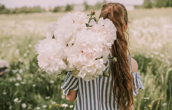 Picture girl, flowers, nature, back, bokeh, peonies, Anita Austvika