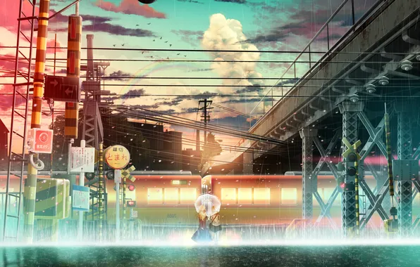 Girl, sunset, rain, street, train, umbrella, touhou, art
