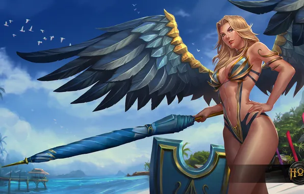 Chest, girl, body, wings, umbrella, hon, Heroes of Newerth, valkyrie