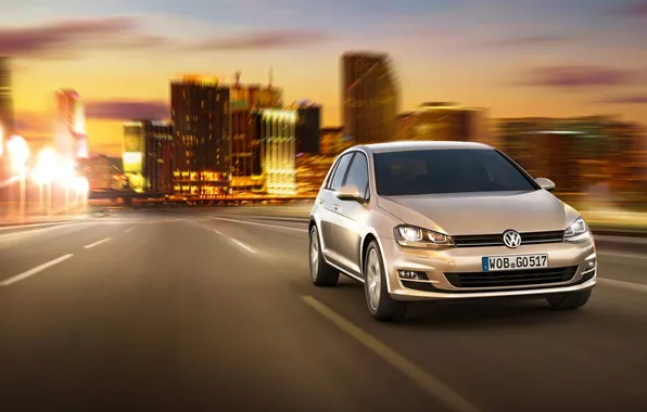Picture road, the sky, the city, silver, Volkswagen, the front, Golf, Volkswagen