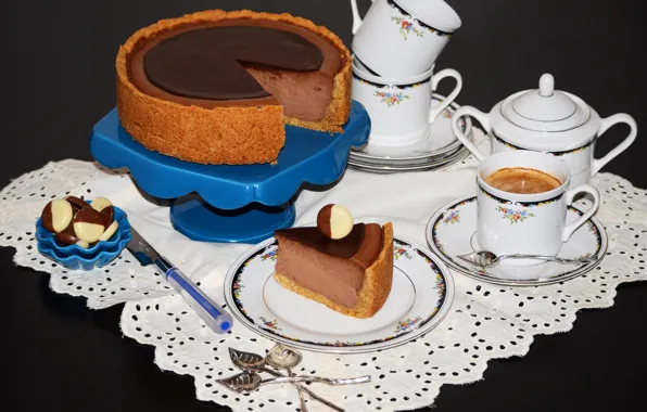 Coffee, chocolate, candy, Cup, cake, black background, cake, cakes