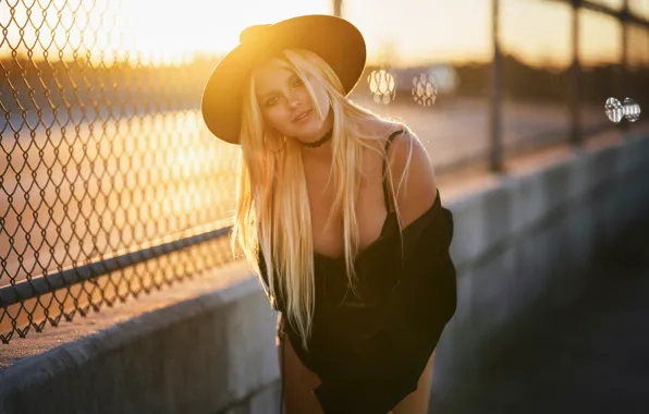 Picture look, girl, pose, the fence, hat, blonde, long hair, netting