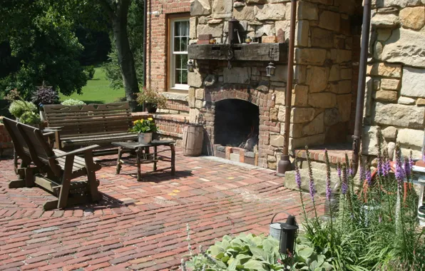 Flowers, house, furniture, oven, hearth, terrace
