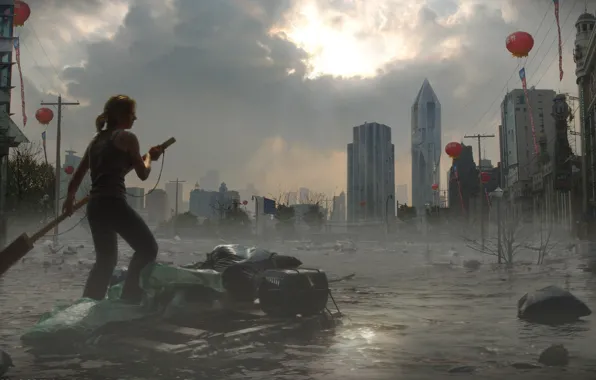 Picture the sky, water, girl, the city, building, the raft, Global flood