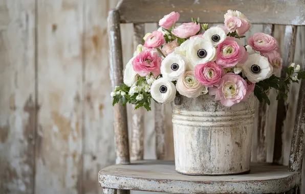Flowers, Board, bouquet, chair, bucket, anemones, Ranunculus, AI art