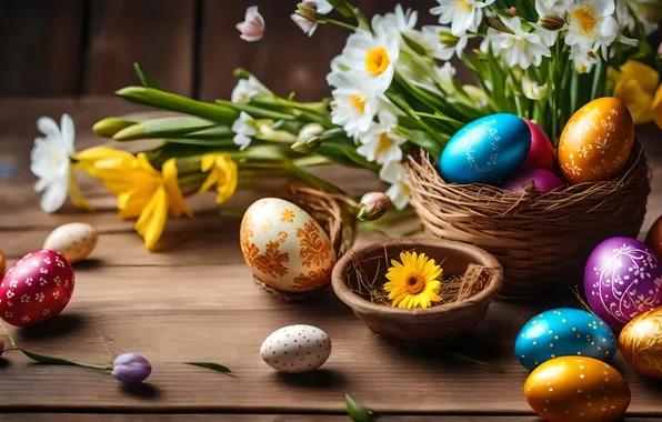Flowers, eggs, spring, colorful, Easter, flowers, spring, Easter