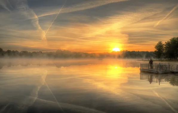Picture landscape, sunset, fog, lake