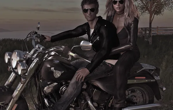 Picture girl, Bikers, guy, 3D graphics, Harley.