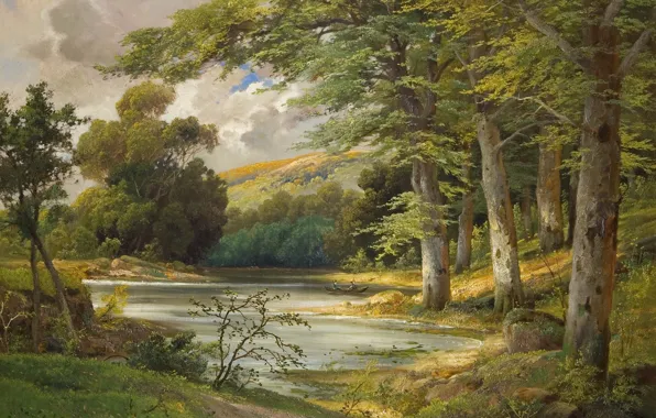 Forest, landscape, lake, boat, painting, Alois Arnegger, Romantic Forest Landscape