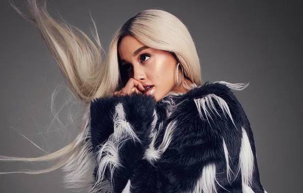 Background, portrait, hairstyle, blonde, outfit, fur, singer, Ariana Grande