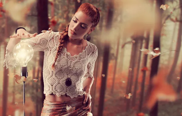 Picture leaves, girl, lamp