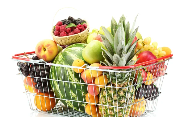 Picture raspberry, basket, apples, watermelon, fruit, pineapple, peaches, plum
